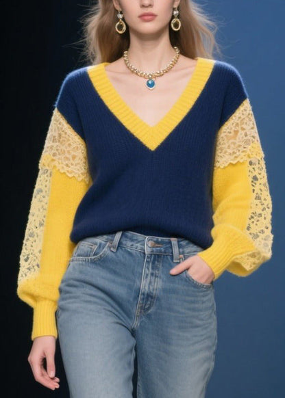 Women Navy Hollow Out Patchwork Lace Short Sweater Fall
