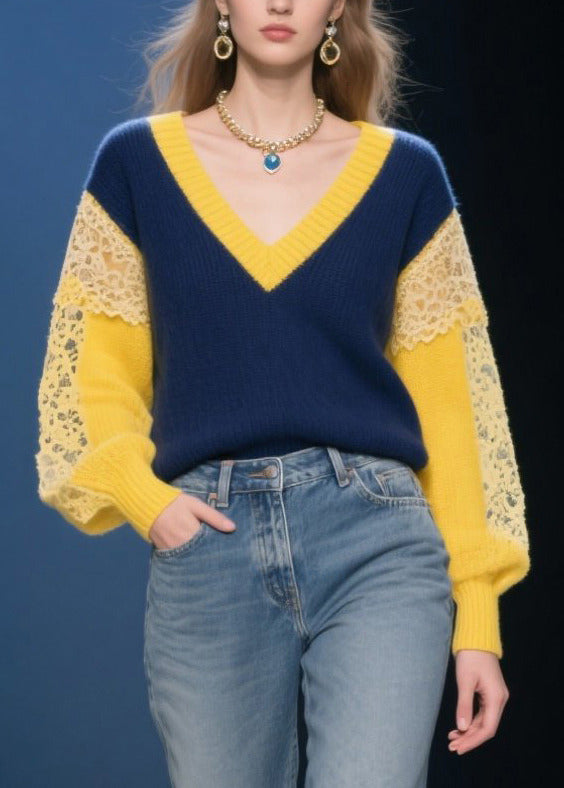 Women Navy Hollow Out Patchwork Lace Short Sweater Fall