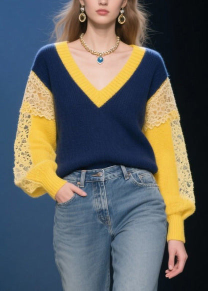 Women Navy Hollow Out Patchwork Lace Short Sweater Fall