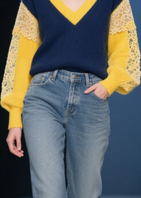 Women Navy Hollow Out Patchwork Lace Short Sweater Fall