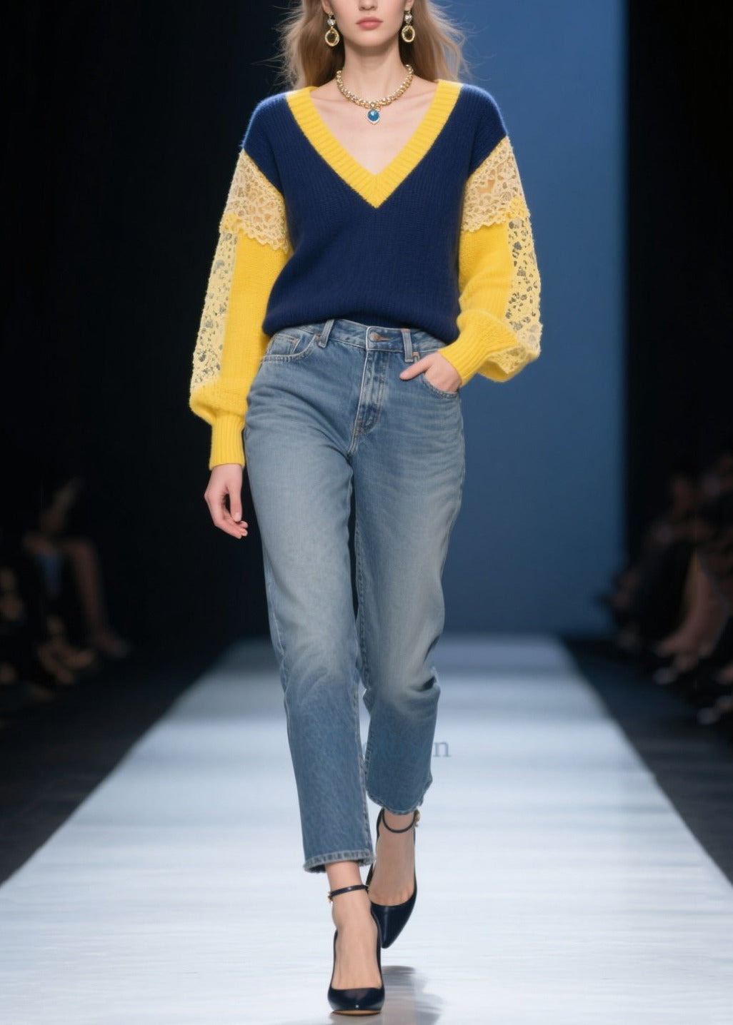 Women Navy Hollow Out Patchwork Lace Short Sweater Fall