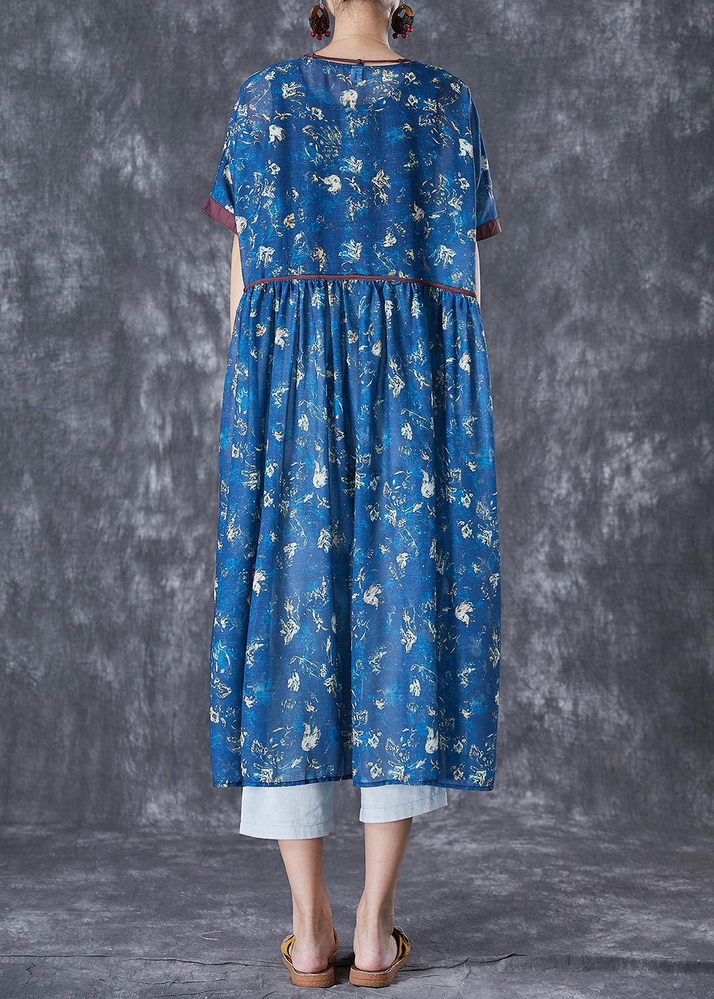 Women Navy Lace Up Tie Dye Linen Dresses Summer