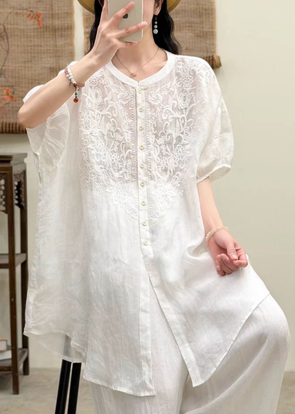 Women Navy O-Neck Embroidered Linen Shirt Top Summer