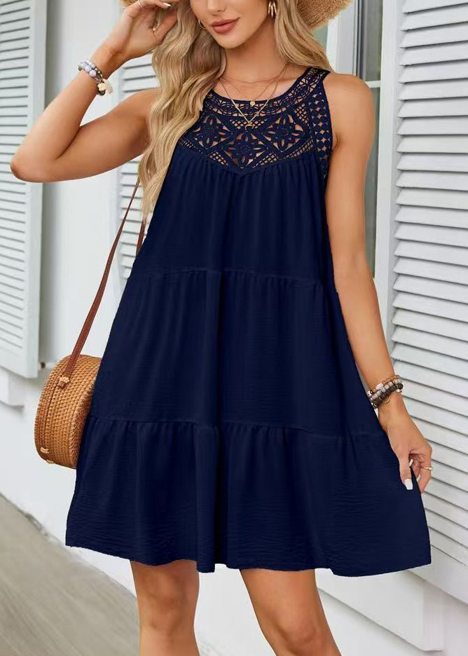 Women Navy O-Neck Patchwork Cotton A Line Dress Sleeveless