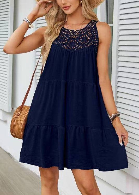 Women Navy O-Neck Patchwork Cotton A Line Dress Sleeveless