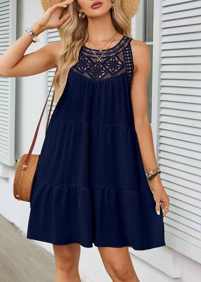 Women Navy O-Neck Patchwork Cotton A Line Dress Sleeveless