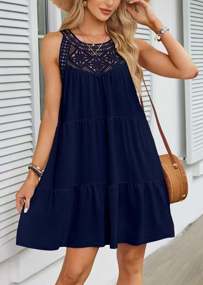 Women Navy O-Neck Patchwork Cotton A Line Dress Sleeveless