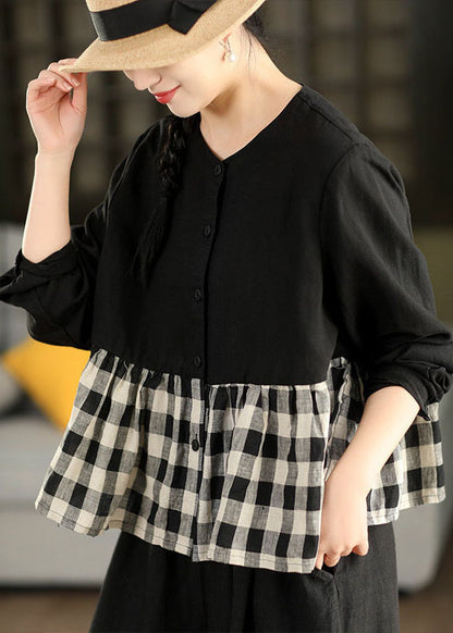 Women Navy O Neck Plaid Patchwork Linen Top Long Sleeve