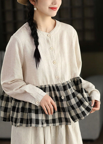Women Navy O Neck Plaid Patchwork Linen Top Long Sleeve