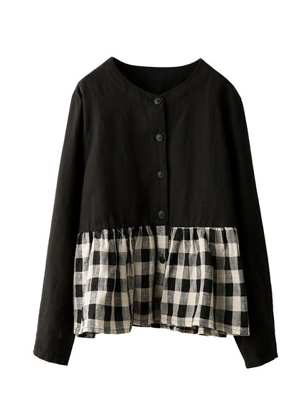 Women Navy O Neck Plaid Patchwork Linen Top Long Sleeve