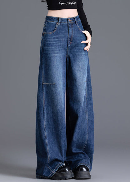 Women Navy Oversized Denim Wide Leg Pants Spring