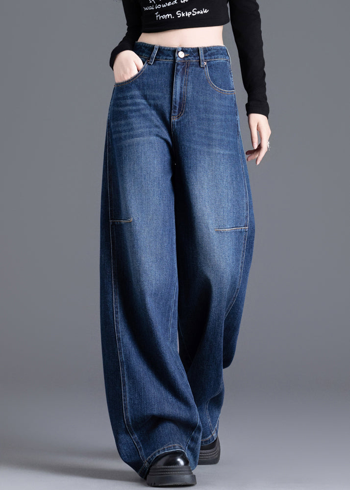 Women Navy Oversized Denim Wide Leg Pants Spring