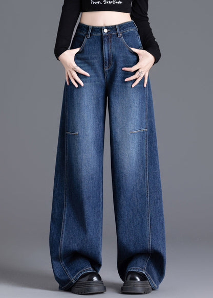 Women Navy Oversized Denim Wide Leg Pants Spring
