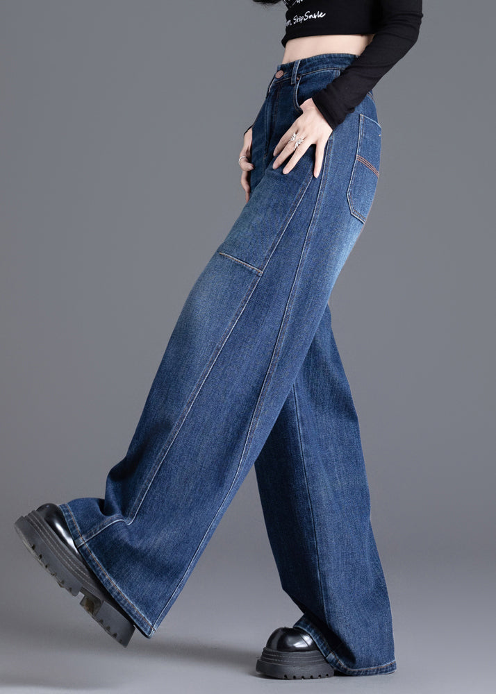 Women Navy Oversized Denim Wide Leg Pants Spring