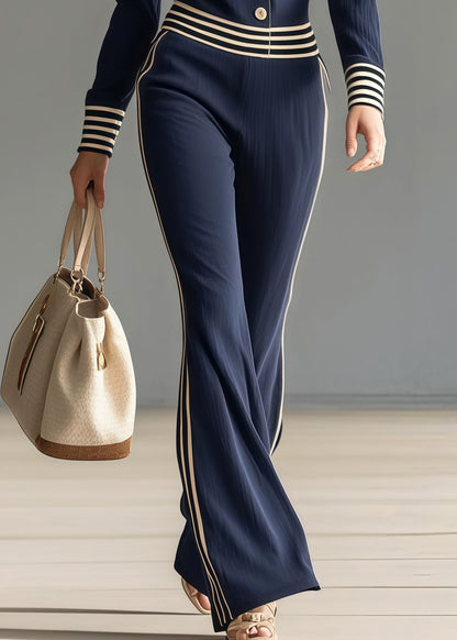 Women Navy Peter Pan Collar Patchwork Striped Cotton Jumpsuit Spring