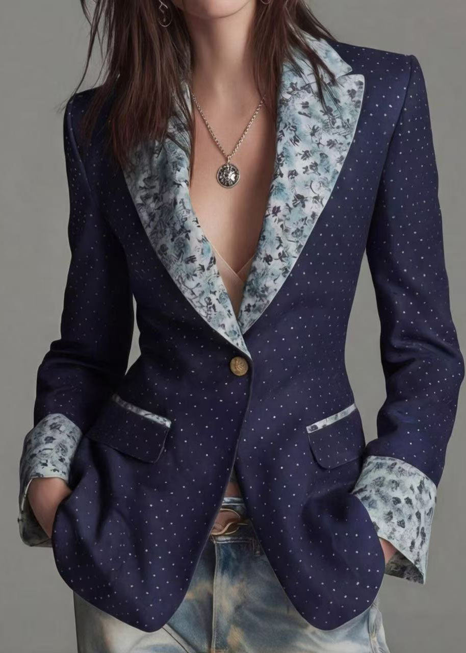 Women Navy Peter Pan Collar Print Patchwork Cotton Suit Coat Fall