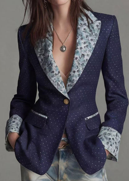 Women Navy Peter Pan Collar Print Patchwork Cotton Suit Coat Fall