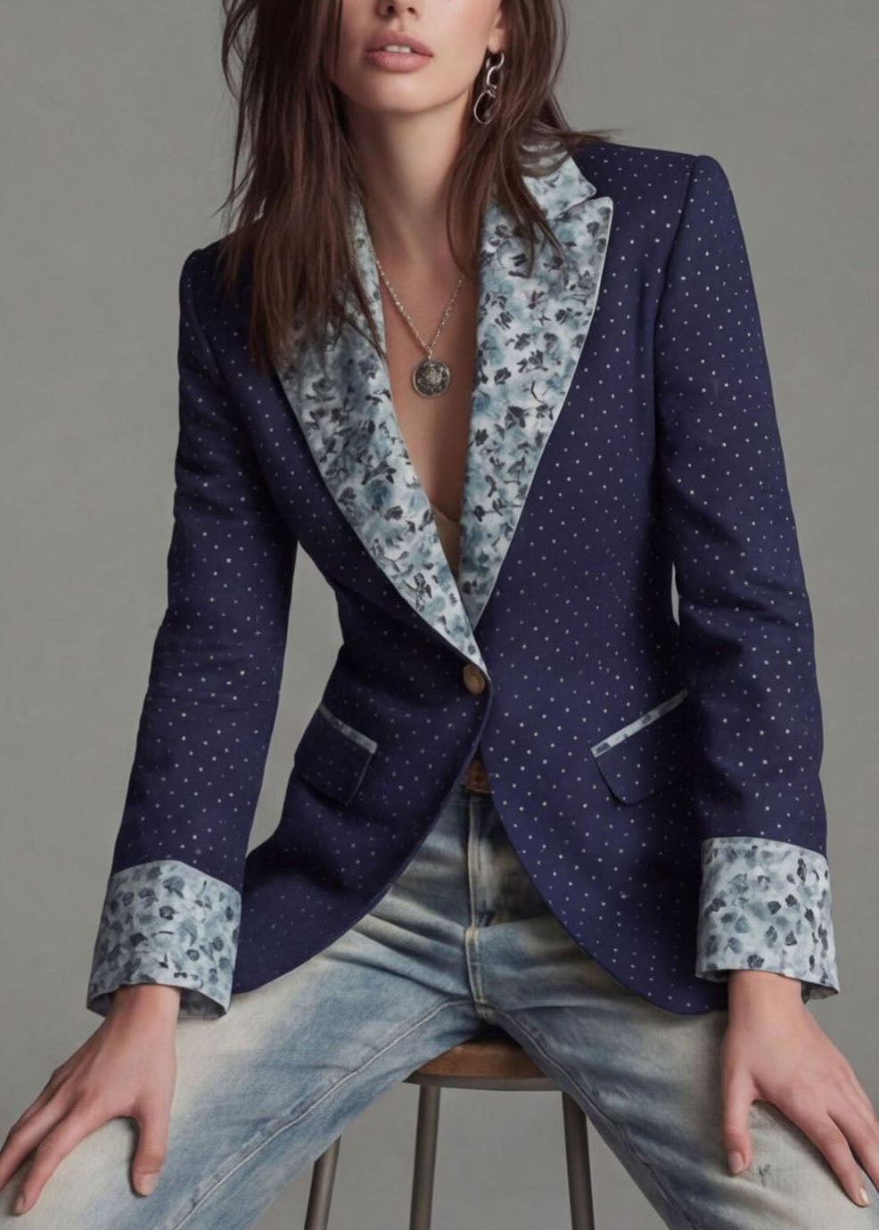 Women Navy Peter Pan Collar Print Patchwork Cotton Suit Coat Fall