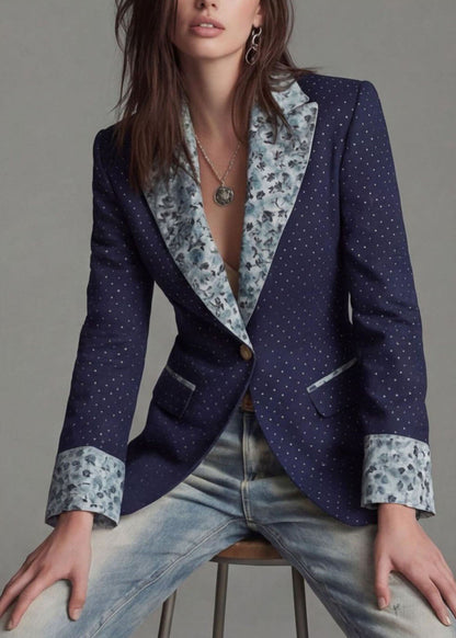 Women Navy Peter Pan Collar Print Patchwork Cotton Suit Coat Fall