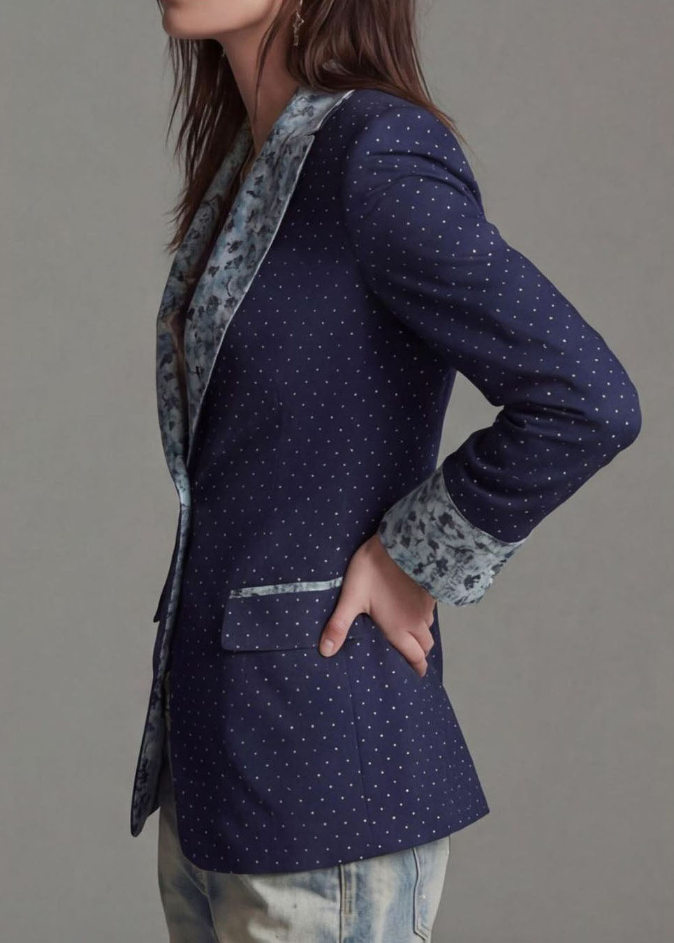 Women Navy Peter Pan Collar Print Patchwork Cotton Suit Coat Fall