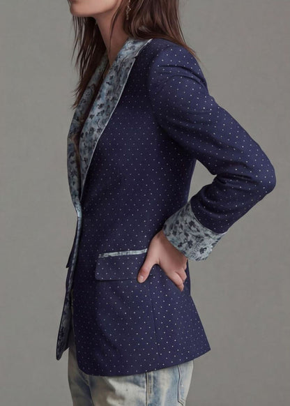 Women Navy Peter Pan Collar Print Patchwork Cotton Suit Coat Fall
