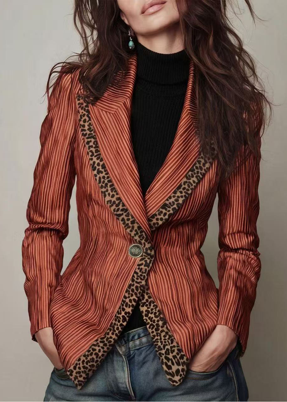 Women Navy Peter Pan Collar Striped Patchwork Cotton Suit Coats Fall