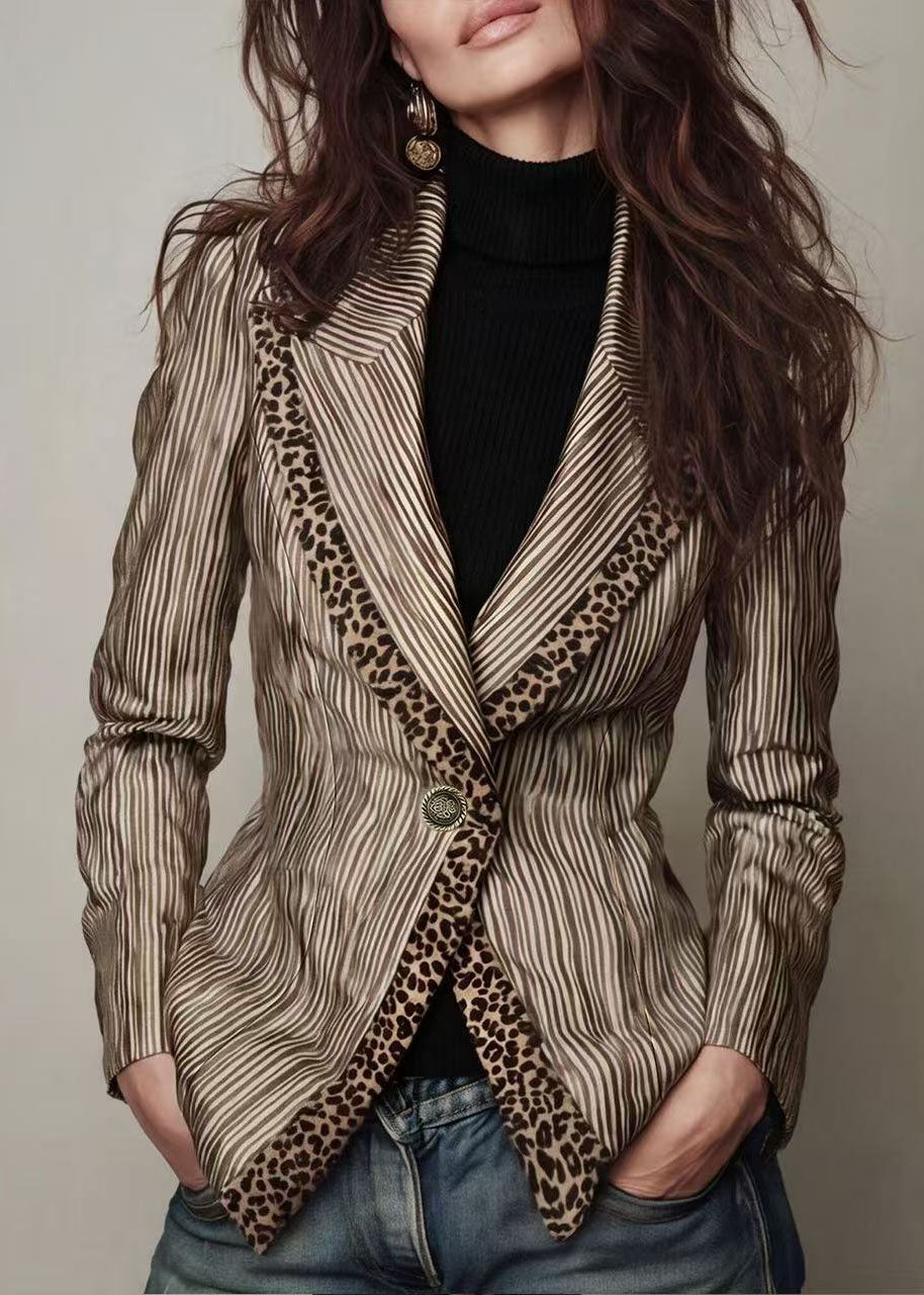 Women Navy Peter Pan Collar Striped Patchwork Cotton Suit Coats Fall