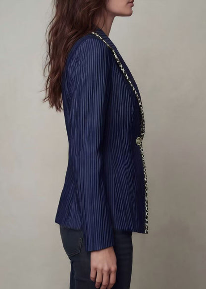 Women Navy Peter Pan Collar Striped Patchwork Cotton Suit Coats Fall