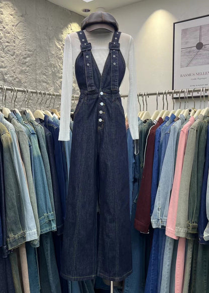 Women Navy Pockets Patchwork Denim Jumpsuits Spring