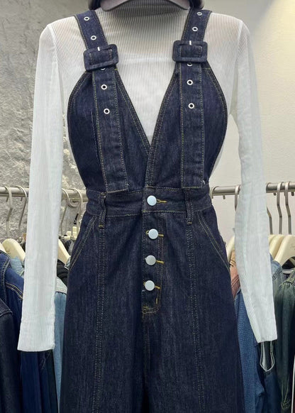 Women Navy Pockets Patchwork Denim Jumpsuits Spring
