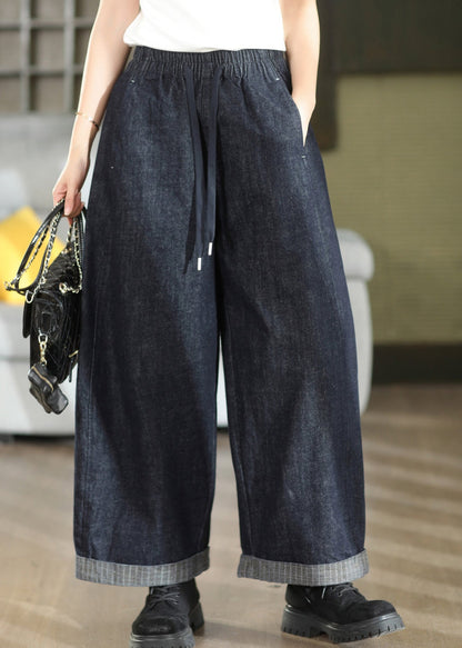 Women Navy Pockets Patchwork Elastic Waist Denim Pants Fall