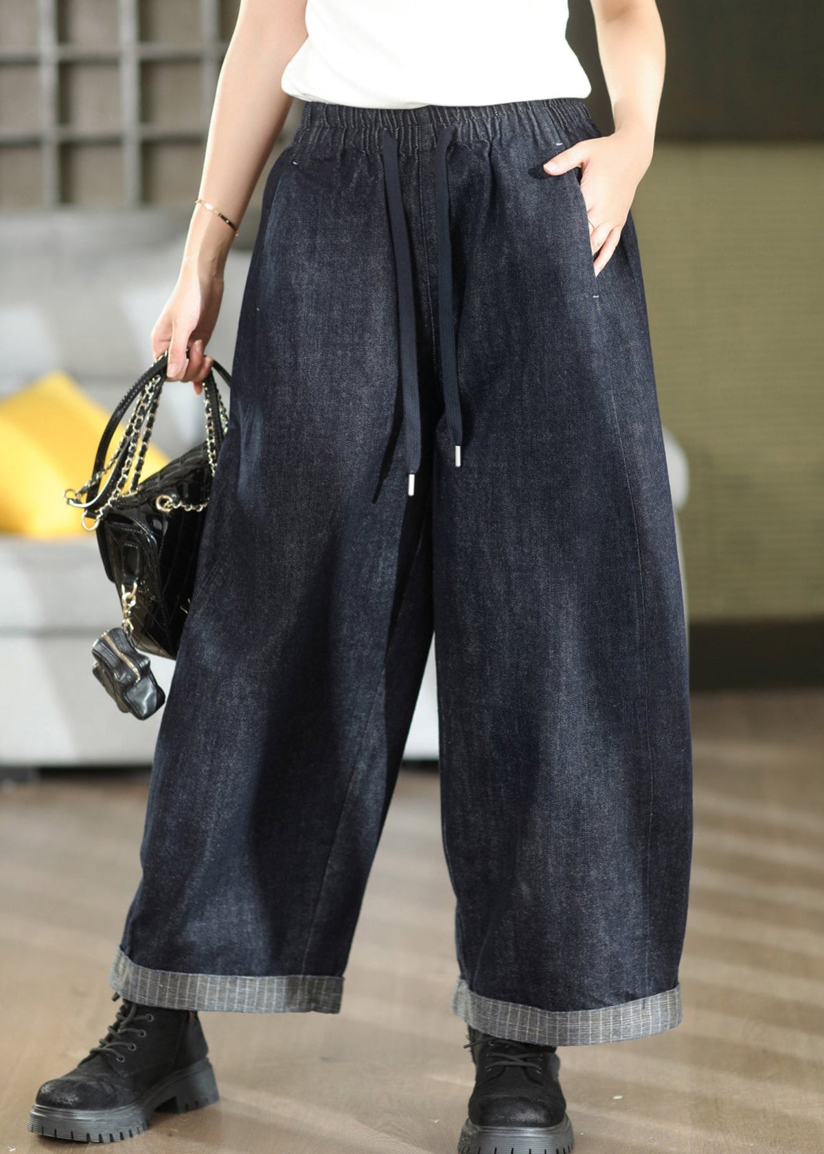 Women Navy Pockets Patchwork Elastic Waist Denim Pants Fall