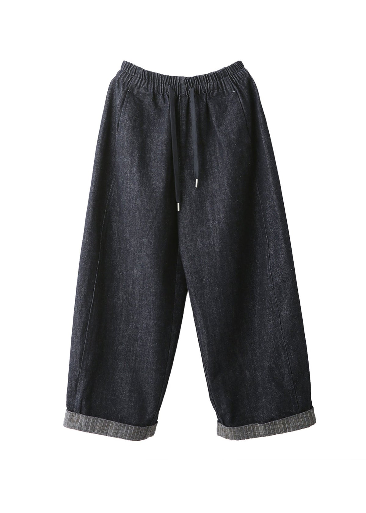 Women Navy Pockets Patchwork Elastic Waist Denim Pants Fall