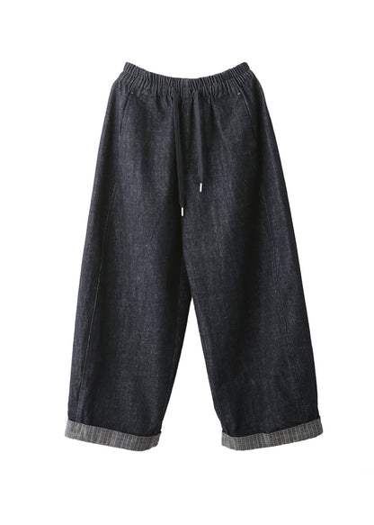 Women Navy Pockets Patchwork Elastic Waist Denim Pants Fall