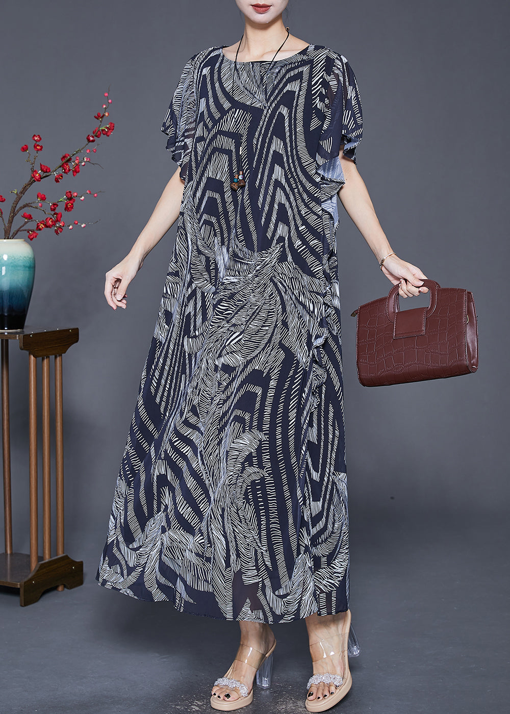 Women Navy Print Exra Large Hem Chiffon Holiday Dress Butterfly Sleeve