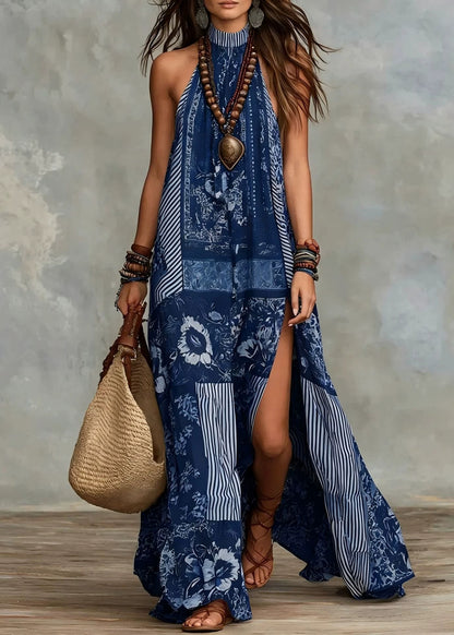 Women Navy Print Side Open Cotton Long Dress Sleeveless