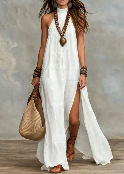 Women Navy Print Side Open Cotton Long Dress Sleeveless