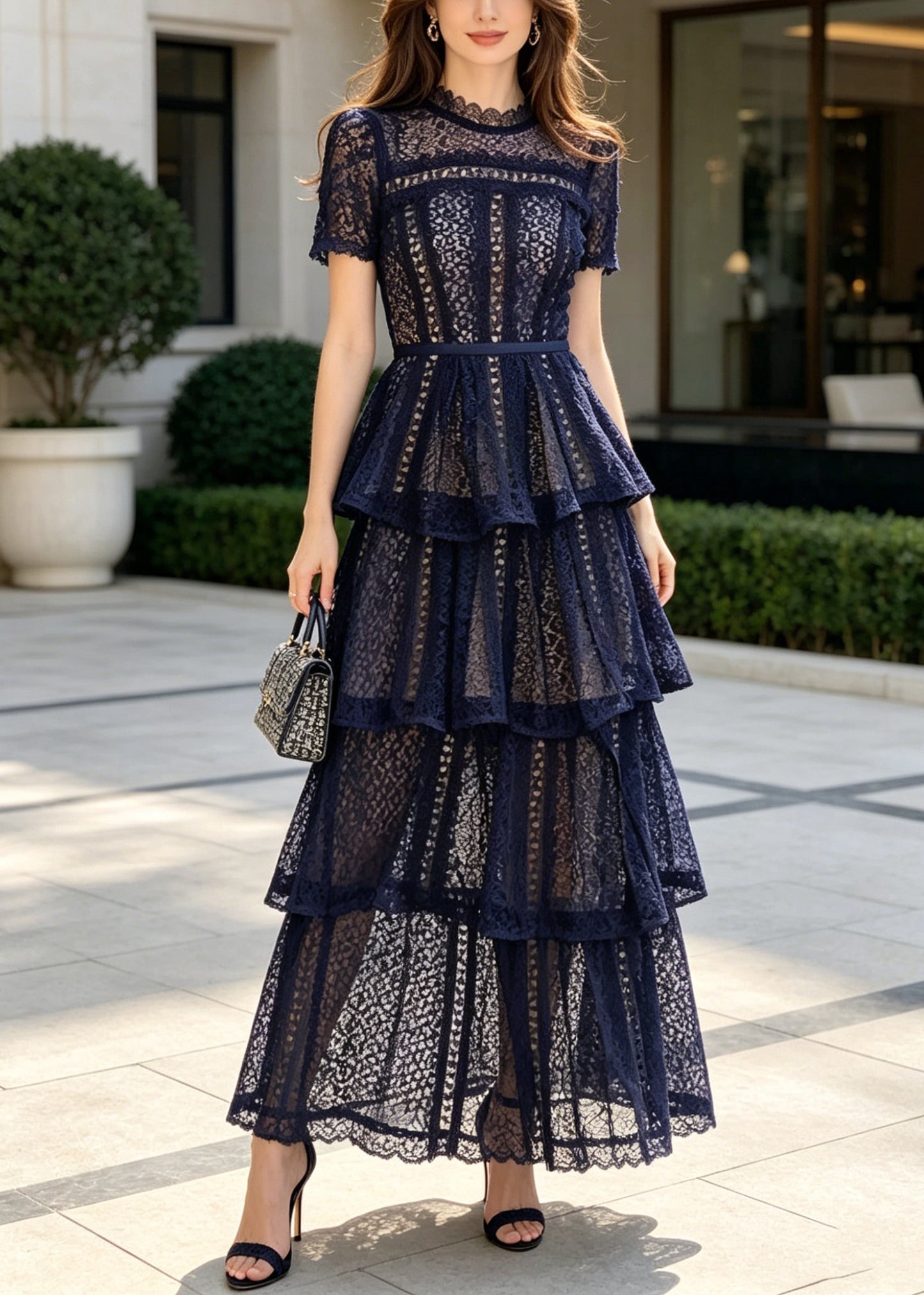 Women Navy Ruffled Hollow Out Lace Holiday Dress Summer