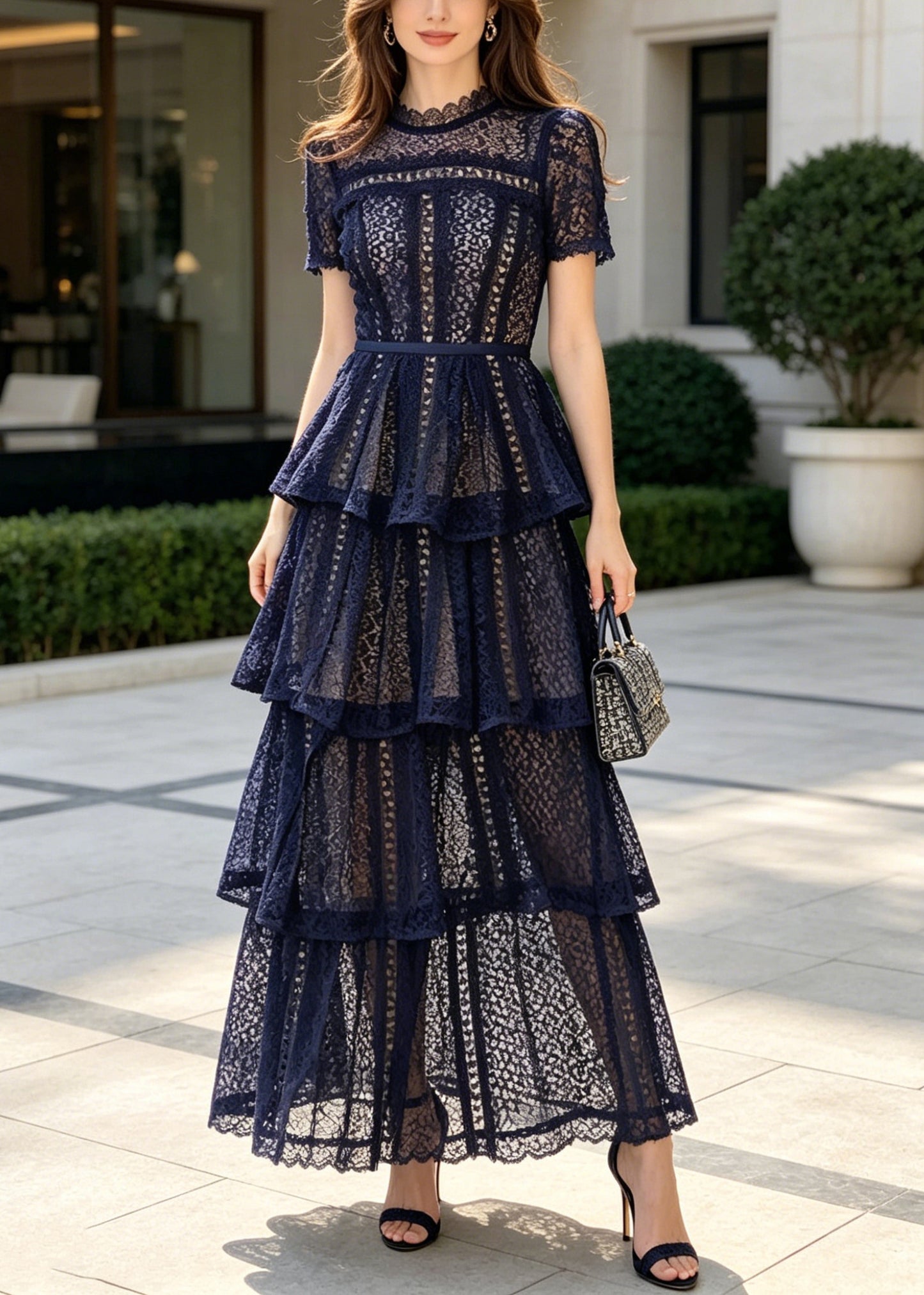 Women Navy Ruffled Hollow Out Lace Holiday Dress Summer