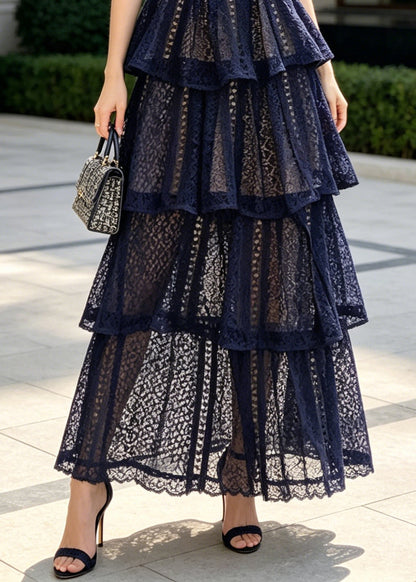 Women Navy Ruffled Hollow Out Lace Holiday Dress Summer