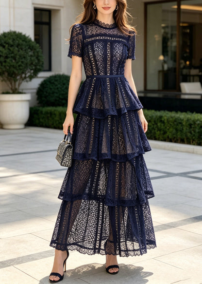 Women Navy Ruffled Hollow Out Lace Holiday Dress Summer