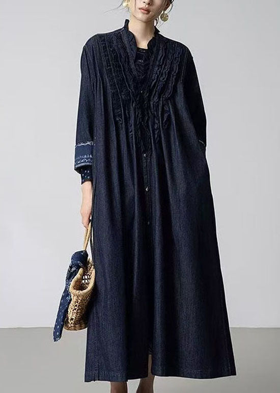 Women Navy Ruffled Pockets Patchwork Denim Trench Fall