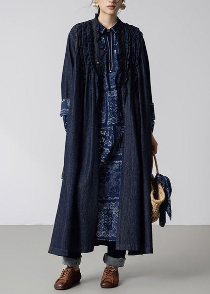 Women Navy Ruffled Pockets Patchwork Denim Trench Fall