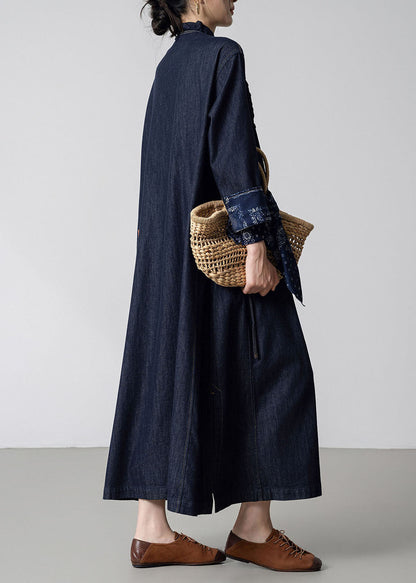 Women Navy Ruffled Pockets Patchwork Denim Trench Fall