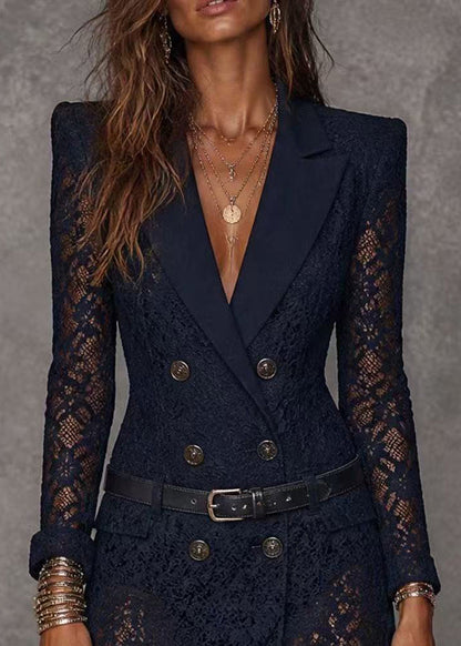 Women Navy Sashes Double Breast Lace Mini Dresses With Sashes Fall