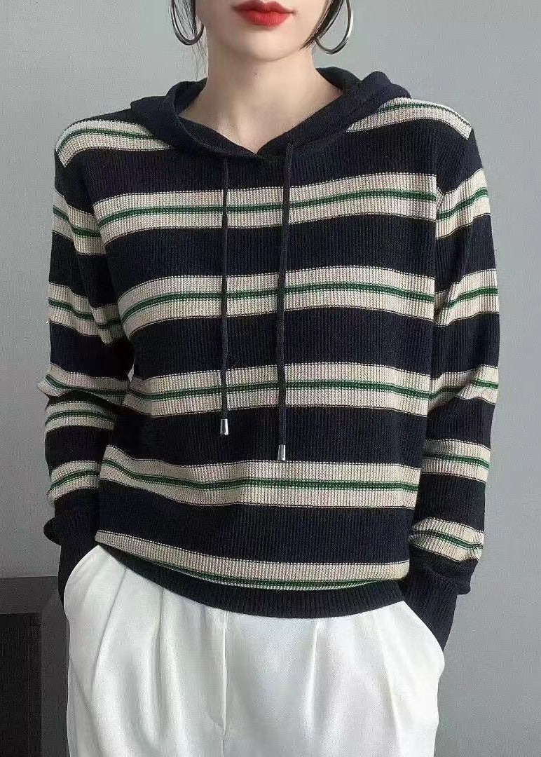 Women Navy Striped Hooded Patchwork Wool Knit Tops Fall