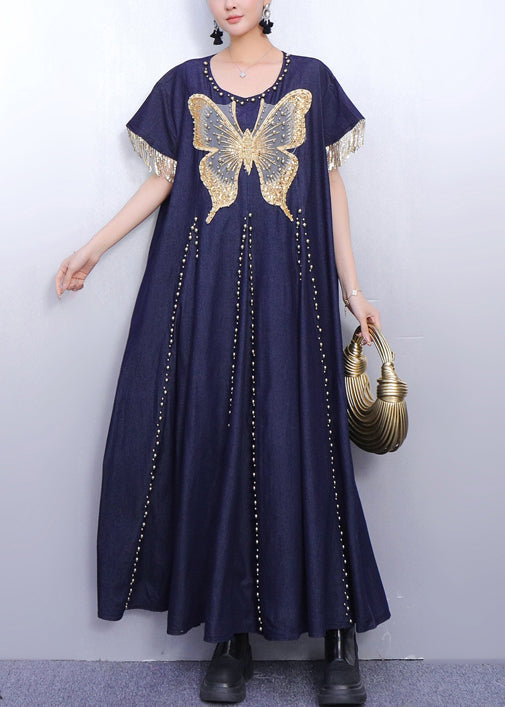 Women Navy Tasseled Butterfly Denim Vacation Dresses Summer
