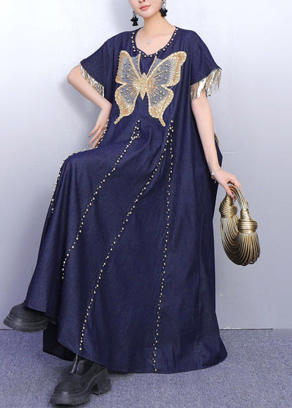 Women Navy Tasseled Butterfly Denim Vacation Dresses Summer