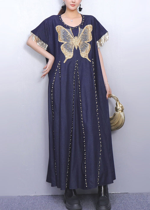 Women Navy Tasseled Butterfly Denim Vacation Dresses Summer
