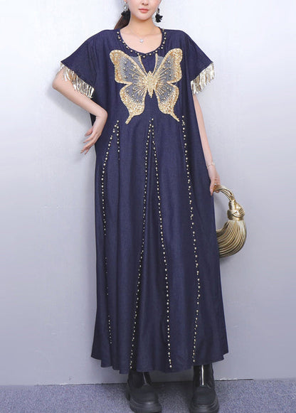 Women Navy Tasseled Butterfly Denim Vacation Dresses Summer